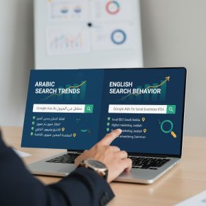 A person pointing at a laptop screen displaying two sections: "Arabic Search Trends" with Arabic keywords and "English Search Behavior" with English keywords and location modifiers, against a backdrop of business analytics charts.