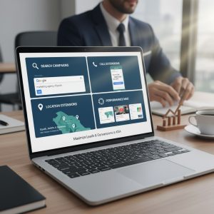 A laptop screen displaying a grid of four Google Ads campaign elements: Search Campaigns, Call Extensions, Location Extensions showing a map of Saudi cities, and Performance Max with various ad examples. A person in a suit is blurred in the background, working at a desk.