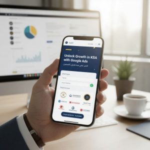 A hand holding a smartphone displaying a mobile-optimized landing page with a bilingual language switcher, a short form, trust badges (client logos), and a button linking to "Google Ads Services - Saudi Arabia." In the background, a blurred desk with a computer monitor showing charts and a cup of coffee is visible.