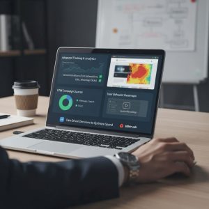 A person's hand on a mouse next to a laptop displaying a dashboard with "Advanced Tracking & Analytics." The screen shows graphs for conversion actions, a pie chart for UTM campaign sources (WhatsApp/Search, Direct), and a heatmap for user behavior. Logos for GA4 and SEMrush are visible at the bottom. A whiteboard with a flowchart and a coffee cup are in the blurred background.