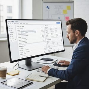 A focused man in a suit is seated at a desk, looking intently at a large computer monitor displaying a Google Ads interface. The screen shows a "Search Term Report," "A/B Testing" options, and "Budget Allocation." The text "Continuous Optimization for Maximum ROI" is prominently overlaid on the screen. A keyboard, mouse, smartphone, and a coffee cup are also on the desk.