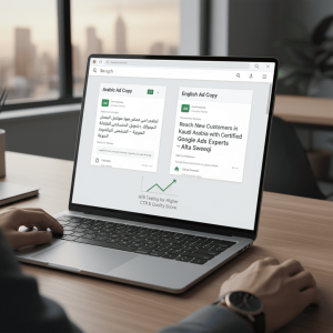 A person's hands are visible on a laptop keyboard, with the screen displaying two ad previews side-by-side: "Arabic Ad Copy" on the left and "English Ad Copy" on the right. Below them, a graph shows an upward trend with the text "A/B Testing for Higher CTR & Quality Score." A city skyline is blurred in the background